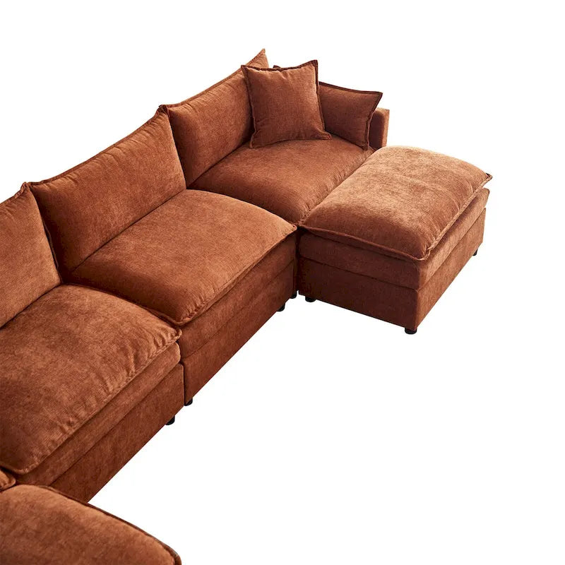 Ampio divano sezionale a U in ciniglia da 142,52" con doppi cuscini, chaise longue trasformabile e pouf poggiapiedi