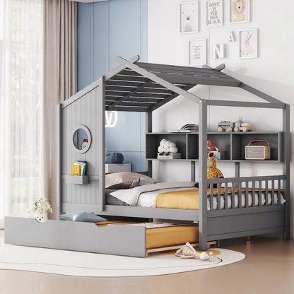 Gray Upholstered Bed with Wingback Headboard & 4 Storage Drawers