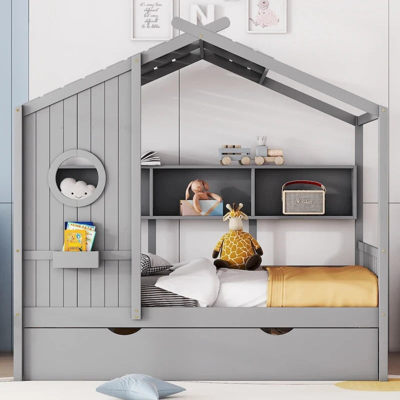 Gray Upholstered Bed with Wingback Headboard & 4 Storage Drawers