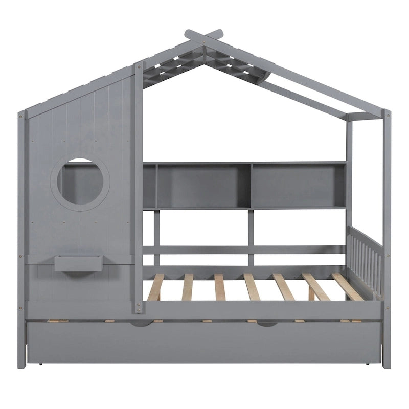 Gray Upholstered Bed with Wingback Headboard & 4 Storage Drawers
