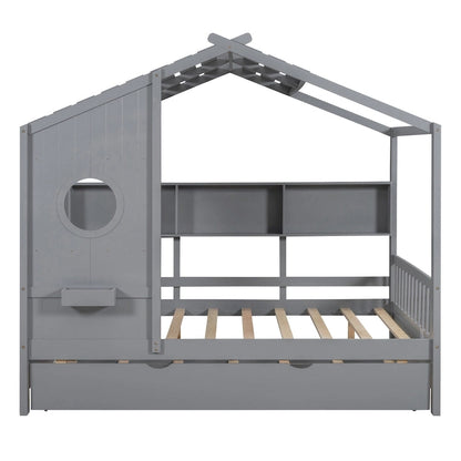 Gray Upholstered Bed with Wingback Headboard & 4 Storage Drawers