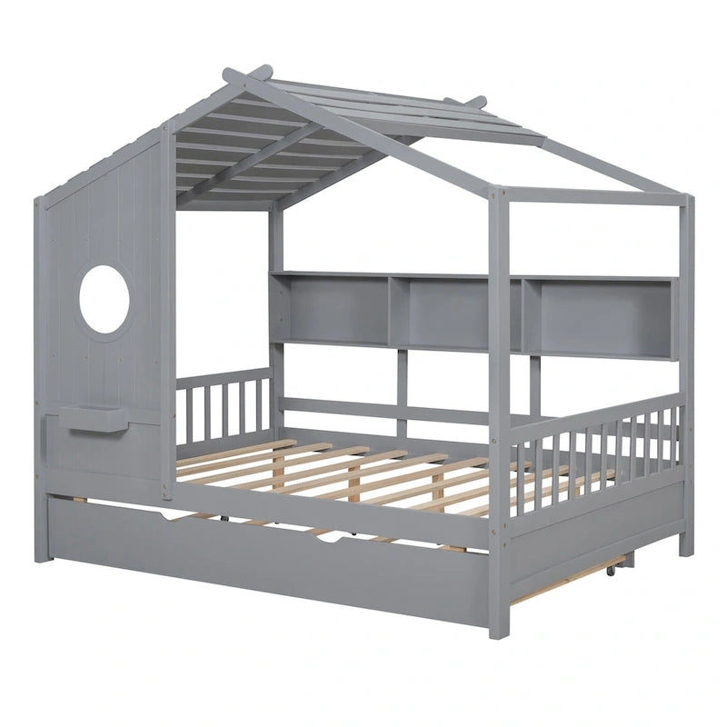 Gray Upholstered Bed with Wingback Headboard & 4 Storage Drawers