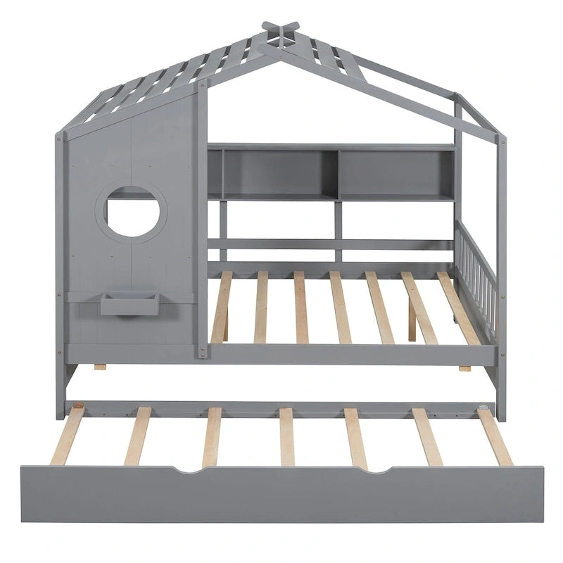 Gray Upholstered Bed with Wingback Headboard & 4 Storage Drawers