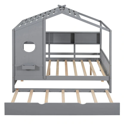 Gray Upholstered Bed with Wingback Headboard & 4 Storage Drawers