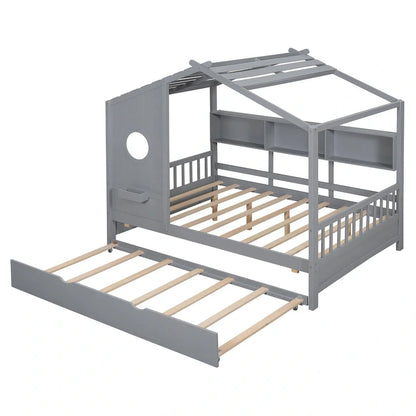 Gray Upholstered Bed with Wingback Headboard & 4 Storage Drawers