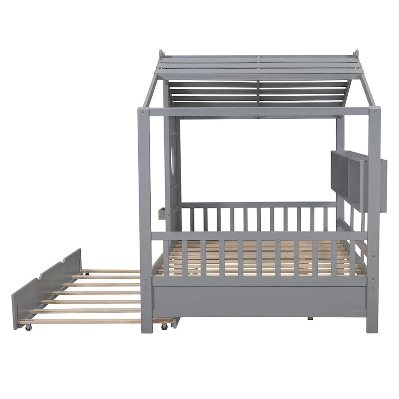 Gray Upholstered Bed with Wingback Headboard & 4 Storage Drawers