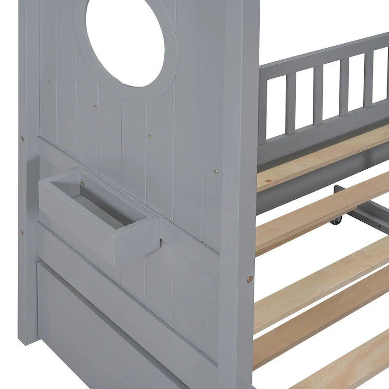 Gray Upholstered Bed with Wingback Headboard & 4 Storage Drawers