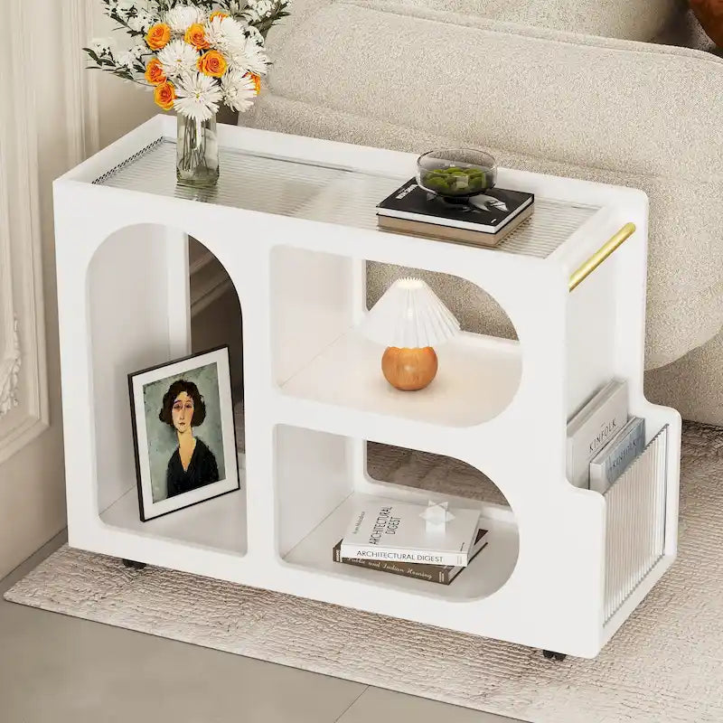Table d'appoint mobile moderne de 31,5 avec verre trempé cannelé de 5 mm d'épaisseur, roulettes verrouillables et barre ronde dorée