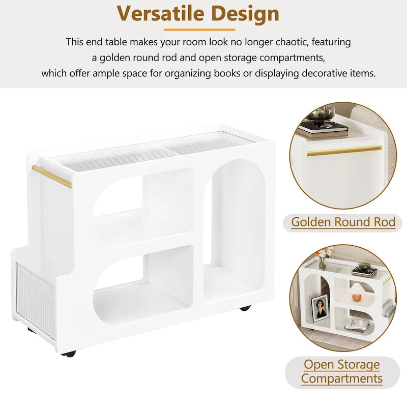 Table d'appoint mobile moderne de 31,5 avec verre trempé cannelé de 5 mm d'épaisseur, roulettes verrouillables et barre ronde dorée