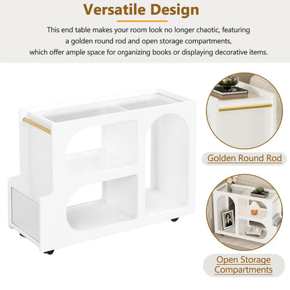 31.5 Modern Mobile End Table with 5mm Thick Fluted Tempered Glass, Lockable Wheels and Golden Round Rod