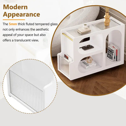 31.5 Modern Mobile End Table with 5mm Thick Fluted Tempered Glass, Lockable Wheels and Golden Round Rod