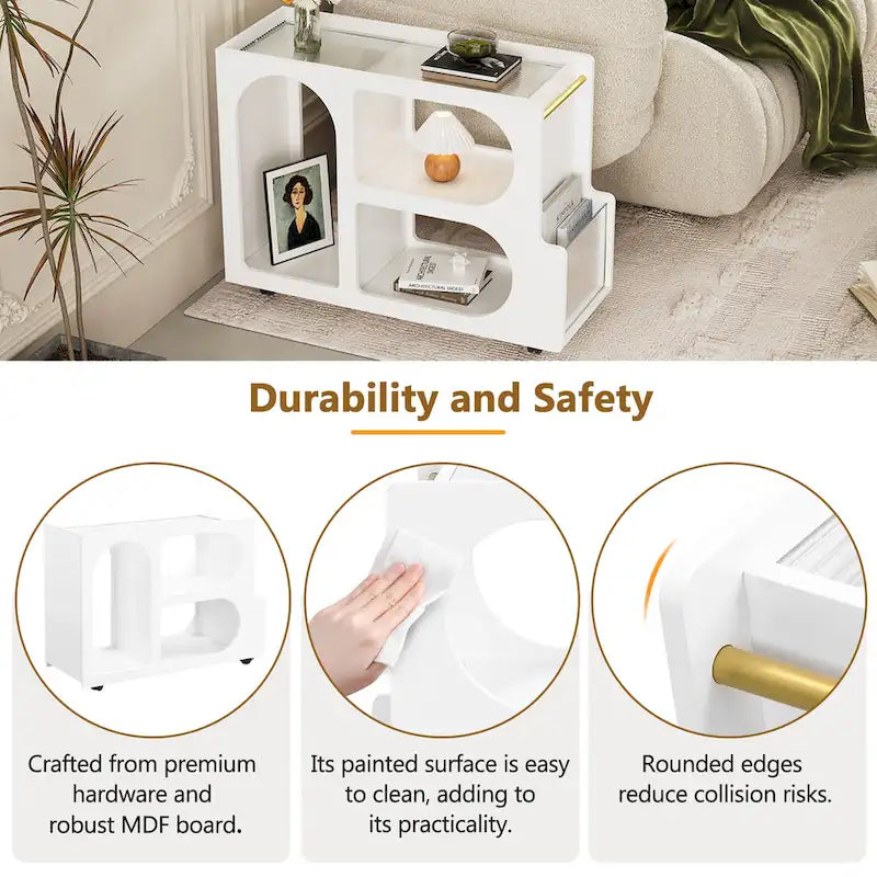 31.5 Modern Mobile End Table with 5mm Thick Fluted Tempered Glass, Lockable Wheels and Golden Round Rod