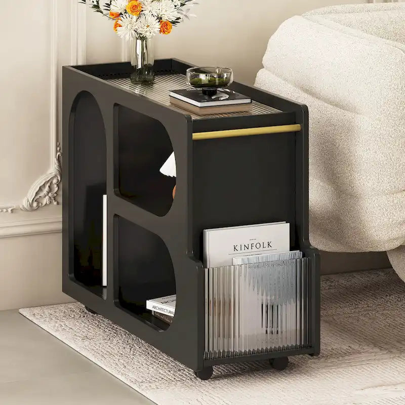 31.5 Modern Mobile End Table with 5mm Thick Fluted Tempered Glass, Lockable Wheels and Golden Round Rod