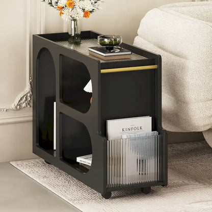 31.5 Modern Mobile End Table with 5mm Thick Fluted Tempered Glass, Lockable Wheels and Golden Round Rod