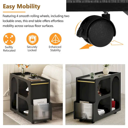 31.5 Modern Mobile End Table with 5mm Thick Fluted Tempered Glass, Lockable Wheels and Golden Round Rod