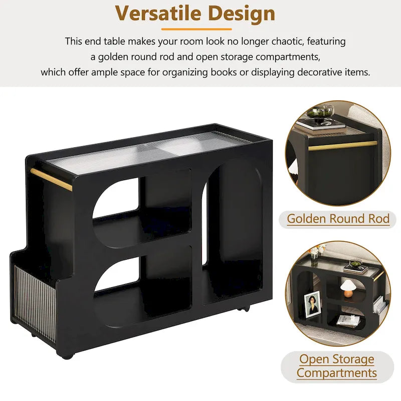 31.5 Modern Mobile End Table with 5mm Thick Fluted Tempered Glass, Lockable Wheels and Golden Round Rod