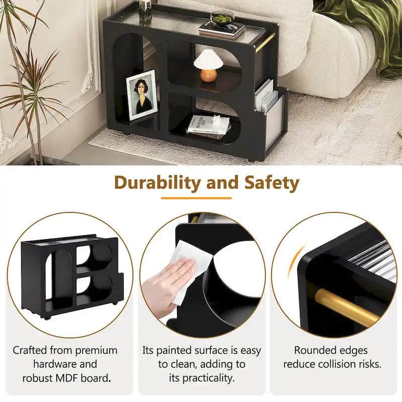 31.5 Modern Mobile End Table with 5mm Thick Fluted Tempered Glass, Lockable Wheels and Golden Round Rod