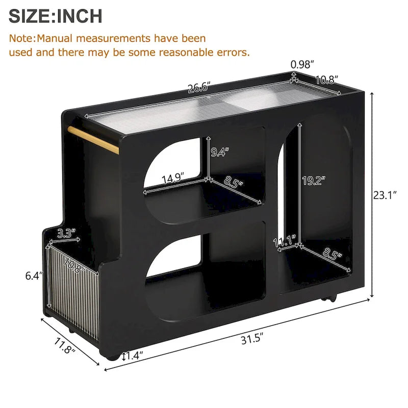 31.5 Modern Mobile End Table with 5mm Thick Fluted Tempered Glass, Lockable Wheels and Golden Round Rod