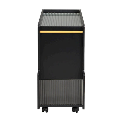 31.5 Modern Mobile End Table with 5mm Thick Fluted Tempered Glass, Lockable Wheels and Golden Round Rod