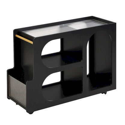 31.5 Modern Mobile End Table with 5mm Thick Fluted Tempered Glass, Lockable Wheels and Golden Round Rod