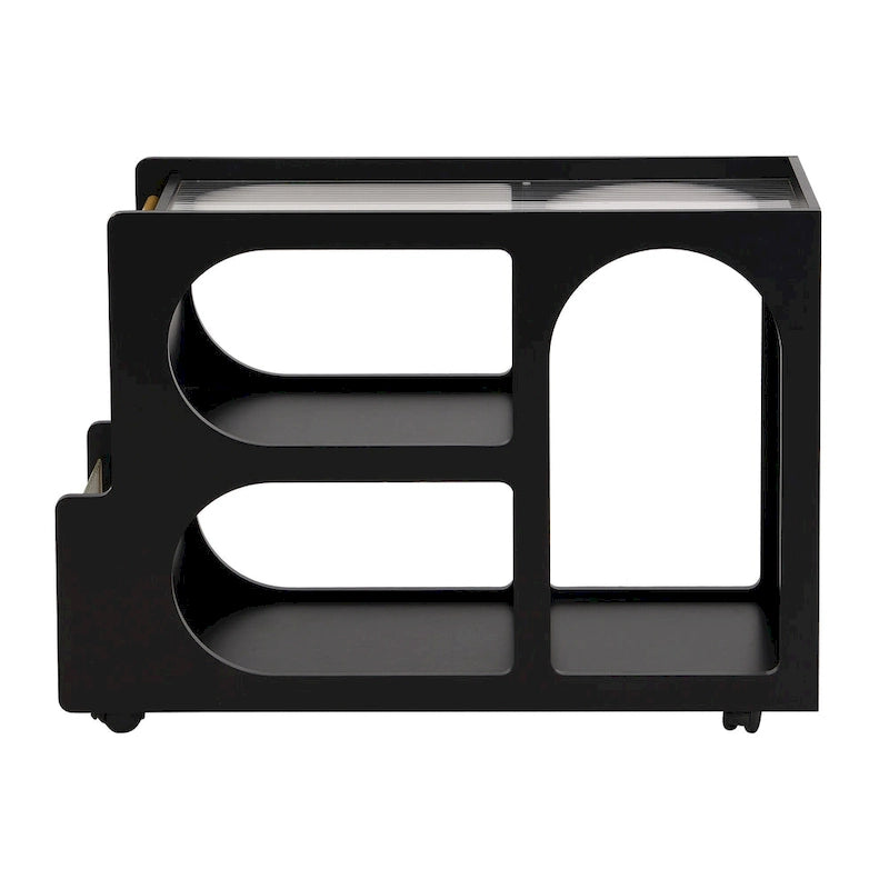 31.5 Modern Mobile End Table with 5mm Thick Fluted Tempered Glass, Lockable Wheels and Golden Round Rod