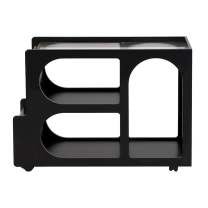 31.5 Modern Mobile End Table with 5mm Thick Fluted Tempered Glass, Lockable Wheels and Golden Round Rod