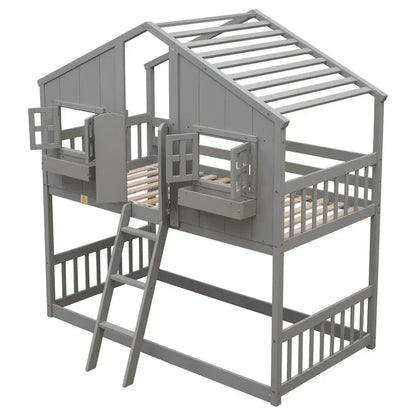 Letto a castello a casetta singolo su singolo con tetto, finestra, fioriera, porta, con sponde di sicurezza e scaletta, Grigio