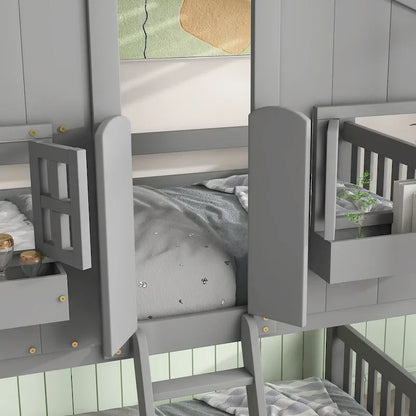 Letto a castello a casetta singolo su singolo con tetto, finestra, fioriera, porta, con sponde di sicurezza e scaletta, Grigio