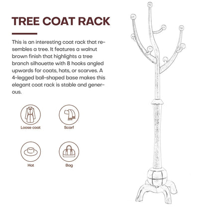 Appendiabiti da terra "ramo d'albero" in legno di gomma con 8 ganci - 24,5L x 70,87H