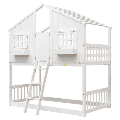 Letto a castello a casetta singolo su singolo con tetto, finestra, fioriera, porta, con sponde di sicurezza e scaletta, Grigio