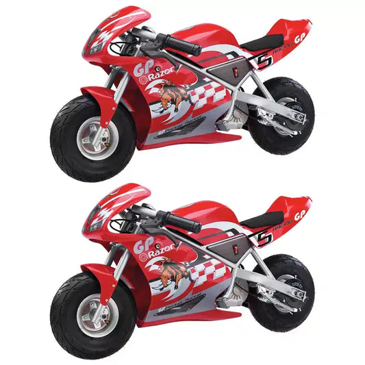 Razor 24 Volt Mini Electric Bike 1 Speed Dirt Racing Motorcycle Pocket Rocket with 10 Pneumatic Tires, Speeds up to 15 MPH, Ages 13 Plus, 2 Pack, Red