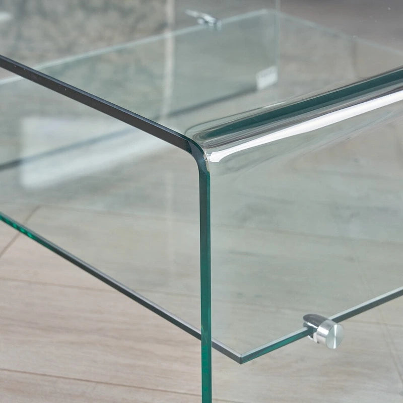 Tavolino da Caffè Quadrato in Vetro con Ripiano Inferiore e Struttura in Metallo