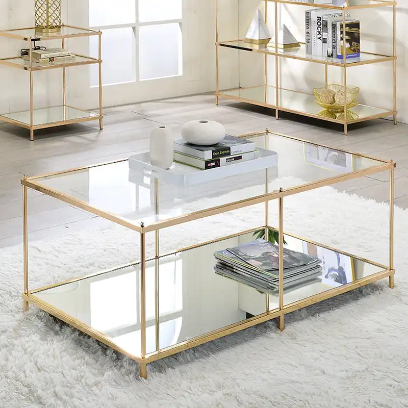 Contemporary 42-Inch Glass Coffee Table with Lower Display Shelf