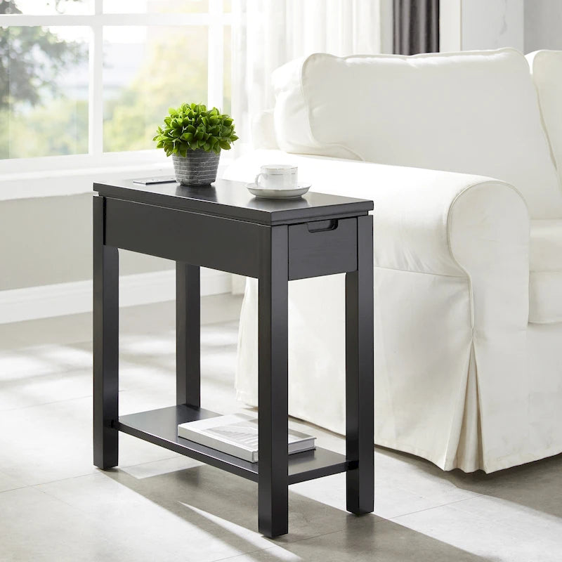 Wood Side Table with Drawer & Built-In Charging Station