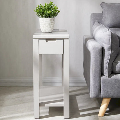 Wood Side Table with Drawer & Built-In Charging Station