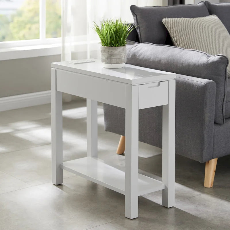 Wood Side Table with Drawer & Built-In Charging Station