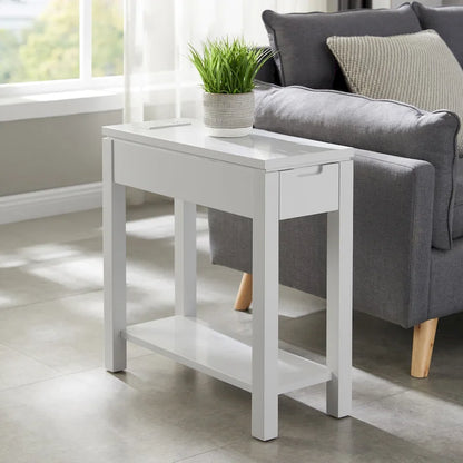 Wood Side Table with Drawer & Built-In Charging Station