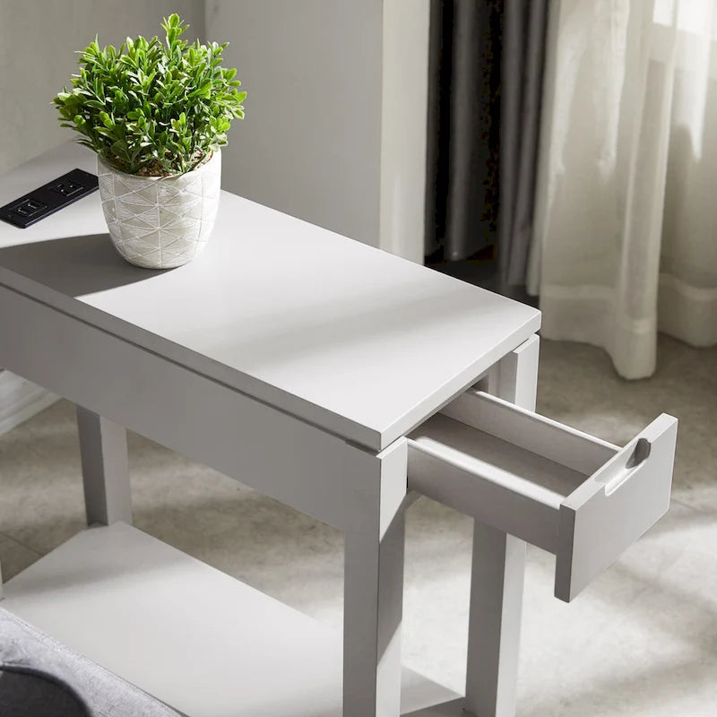 Wood Side Table with Drawer & Built-In Charging Station