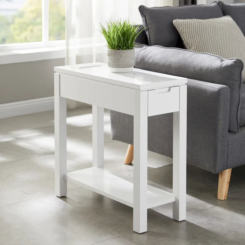 Wood Side Table with Drawer & Built-In Charging Station