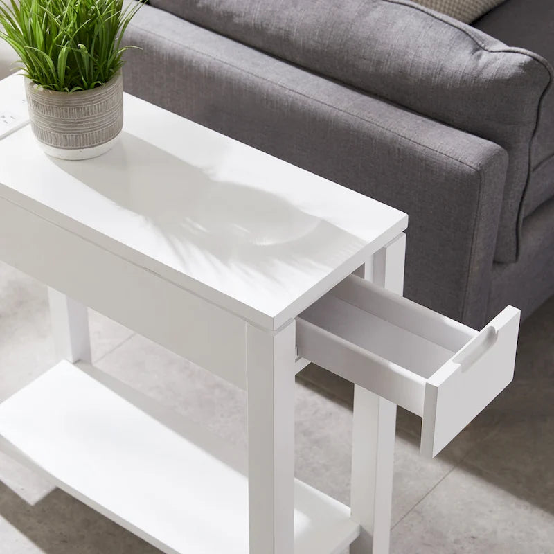 Wood Side Table with Drawer & Built-In Charging Station