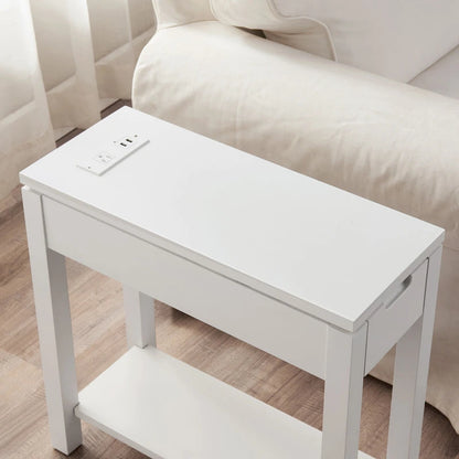 Wood Side Table with Drawer & Built-In Charging Station