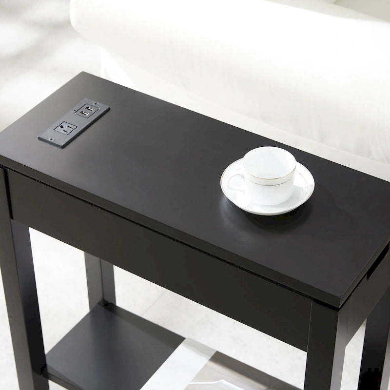 Wood Side Table with Drawer & Built-In Charging Station