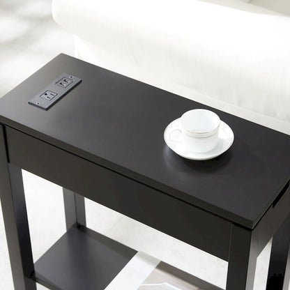 Wood Side Table with Drawer & Built-In Charging Station