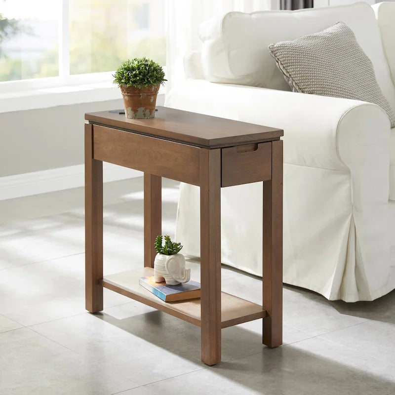 Wood Side Table with Drawer & Built-In Charging Station