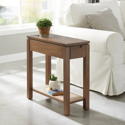 Wood Side Table with Drawer & Built-In Charging Station