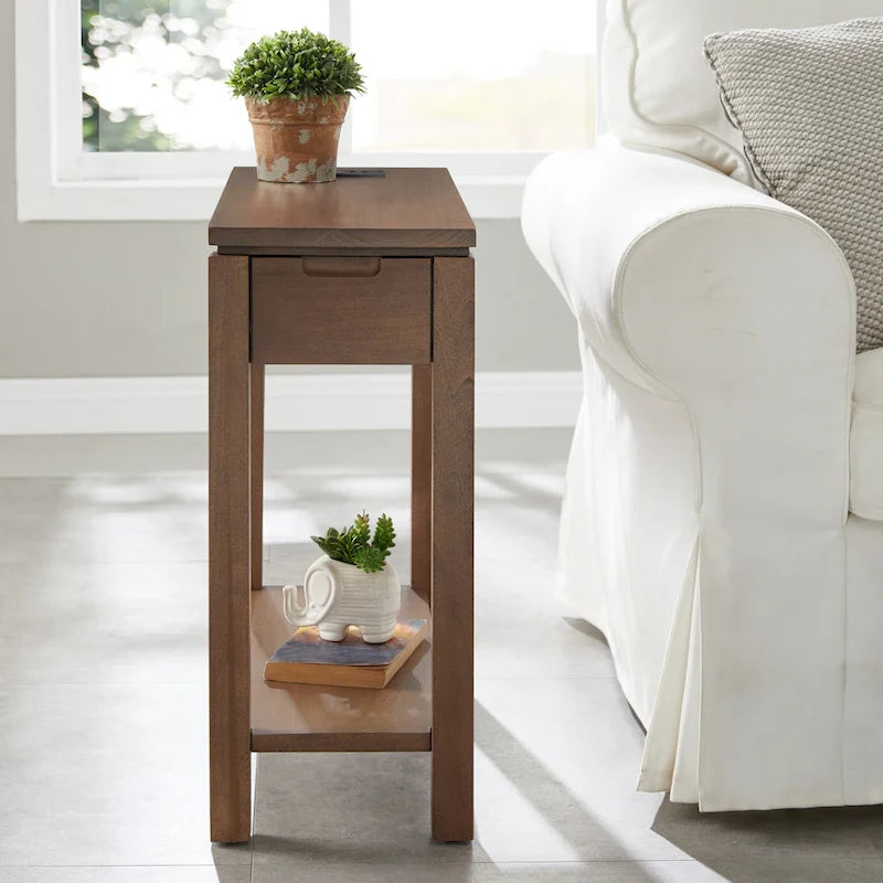 Wood Side Table with Drawer & Built-In Charging Station