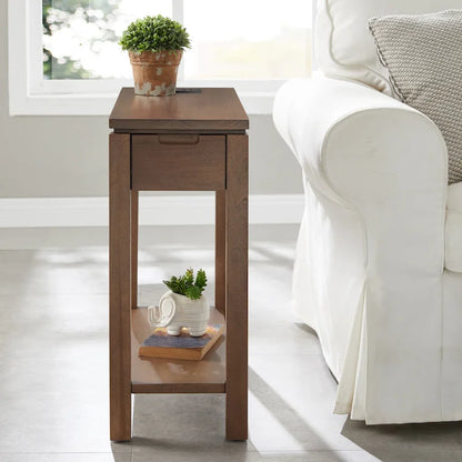 Wood Side Table with Drawer & Built-In Charging Station