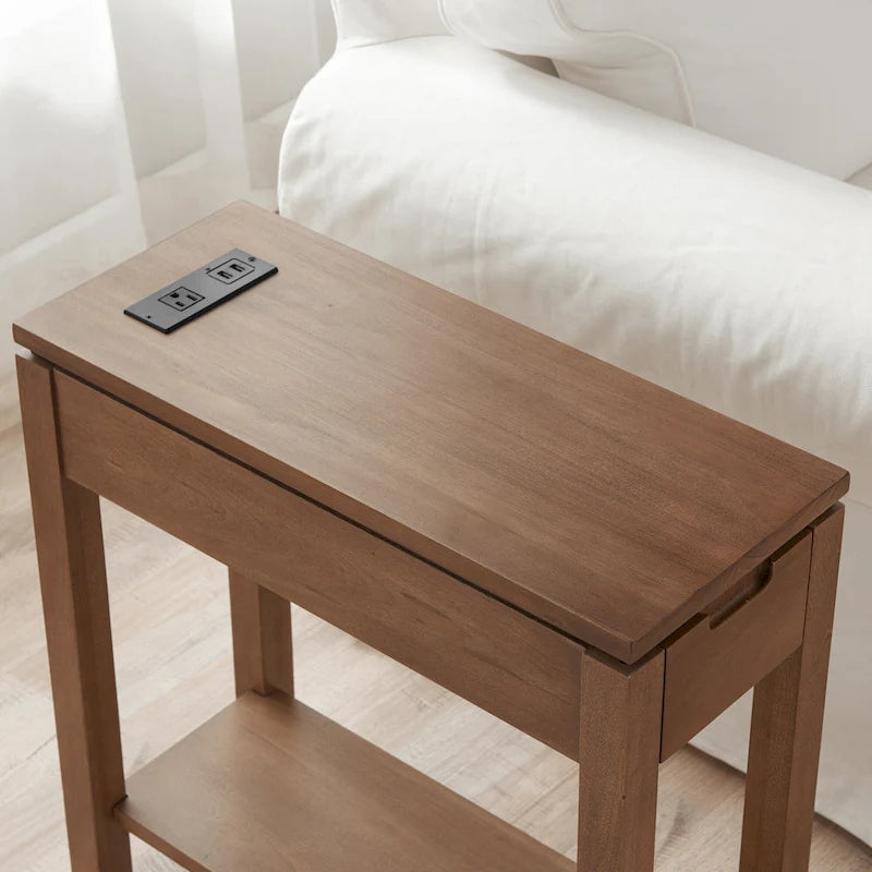 Wood Side Table with Drawer & Built-In Charging Station