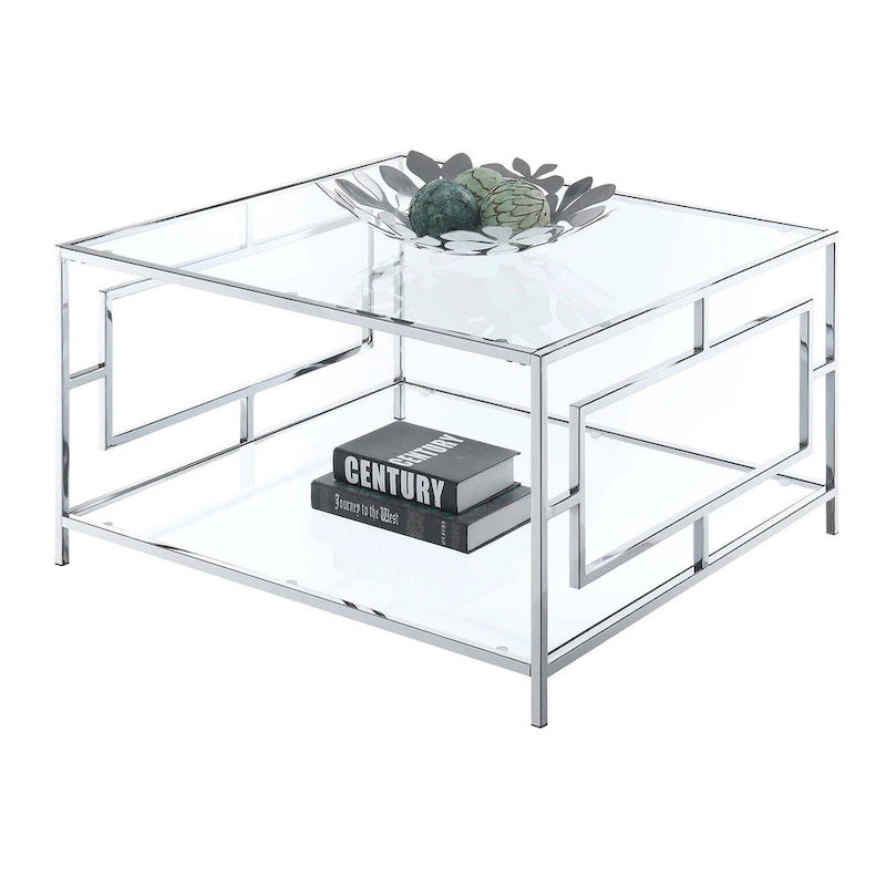 Modern Square Chrome Coffee Table with Lower Display Shelf