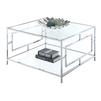 Modern Square Chrome Coffee Table with Lower Display Shelf